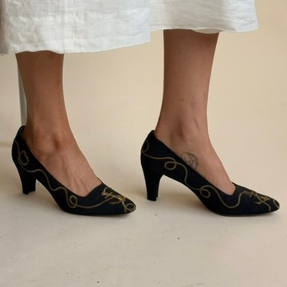 Escada Nautical Anchor Heels - Square Toe, Gold Embroidery, 80s, Size 7.5
